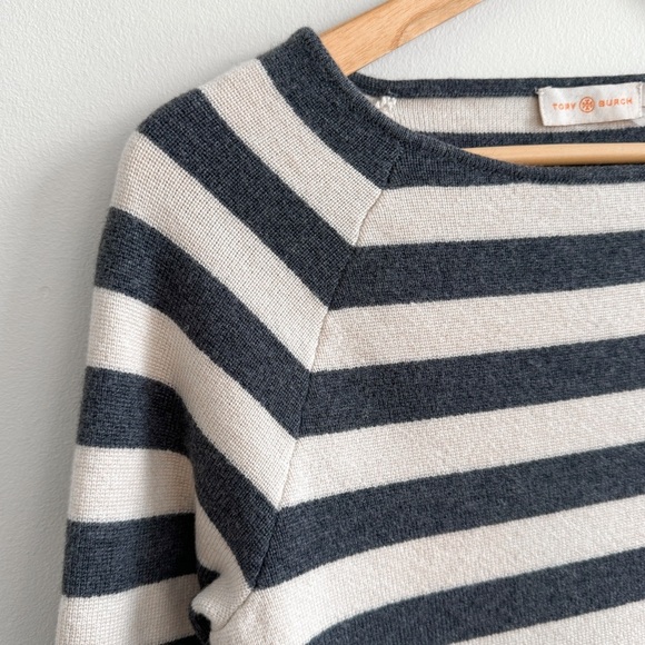 🏷️ SOLD • TORY BURCH • Kim Merino Wool Striped Sweater in Birch/Charcoal • Small - Picture 6 of 12